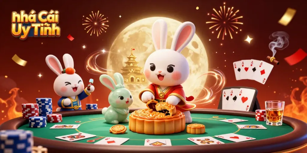 Engaging illustration of Nhà Cái Uy Tín depicting a moon rabbit winning poker chips with traditional elements.