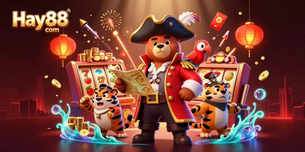 Engage with Hay88 com's vibrant casino adventure featuring a pirate bear and his tiger crew.