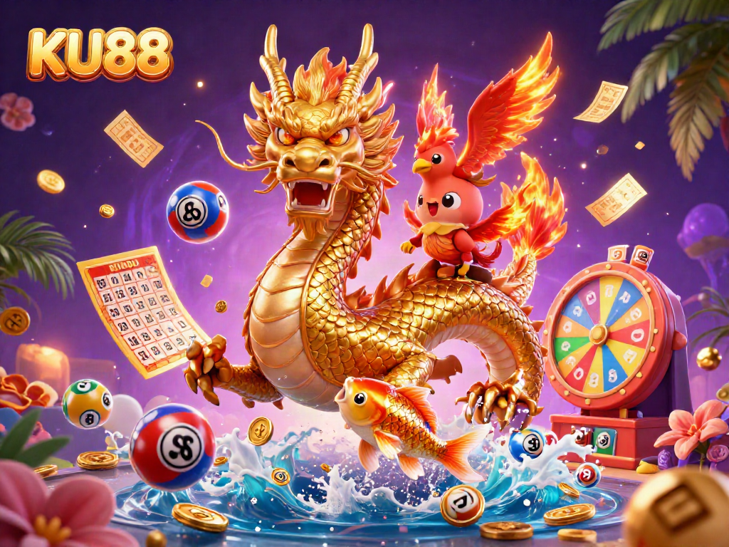 Experience the excitement of KU88 with vibrant lottery elements and a dynamic 3D dragon scene.