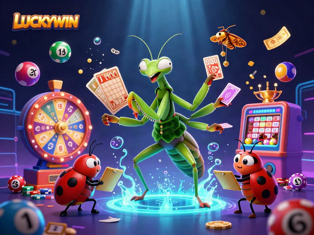 Experience LUCKYWIN as characters deal cards and draw lottery numbers in a vibrant casino scene.
