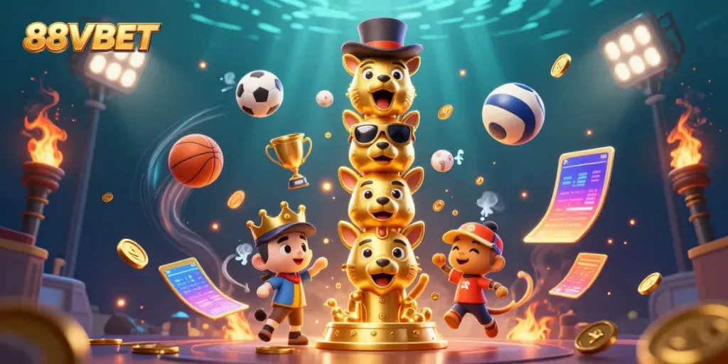Win big with the vibrant 88VBET illustration featuring a magical casino totem surrounded by dynamic game elements.