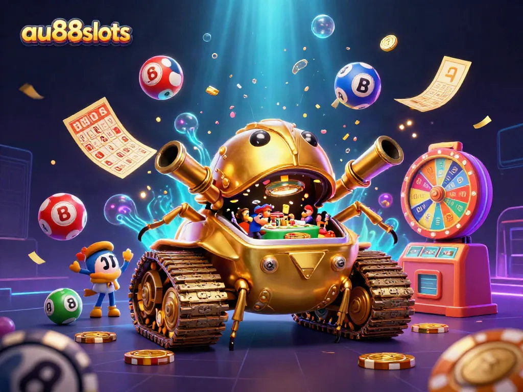 Win thrilling prizes with au88slots in an enchanting 3D casino scene featuring vibrant games and colorful lottery elements.