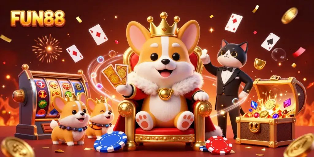 Enjoy vibrant gaming action at FUN88 with a royal corgi and celebration elements