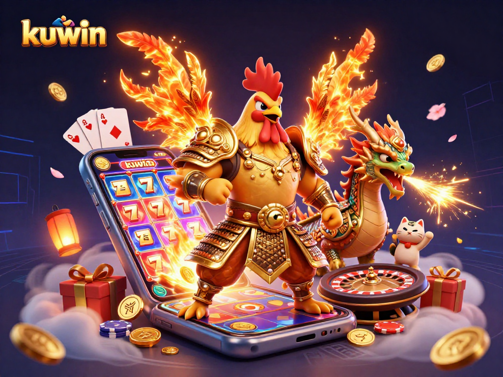 kuwin mascot engages betters with a vibrant, dynamic scene of a cartoon rooster, dragon, and fortune cat