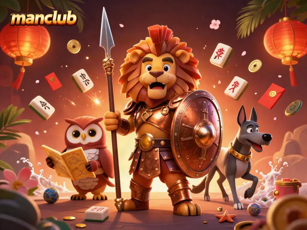 Engage in thrilling gambling action with manclub, featuring iconic characters in a vibrant casino scene filled with festive elements.