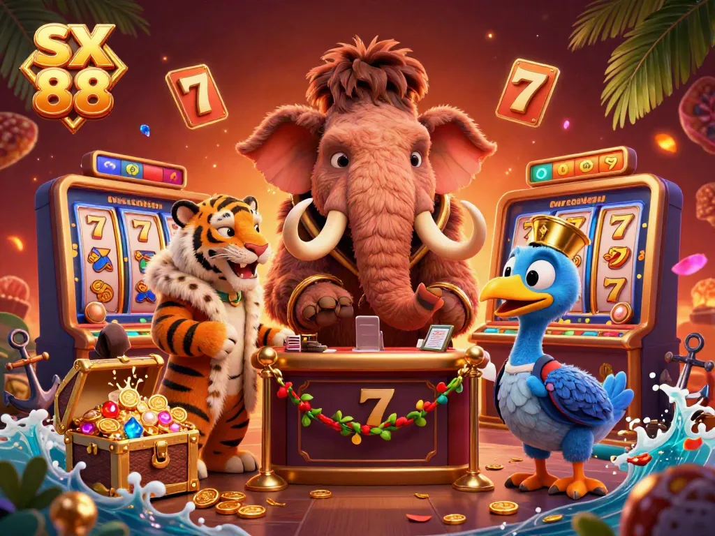 Experience vibrant gaming in SX 88's casino scene featuring a mammoth bouncer and a saber-tooth VIP guest.