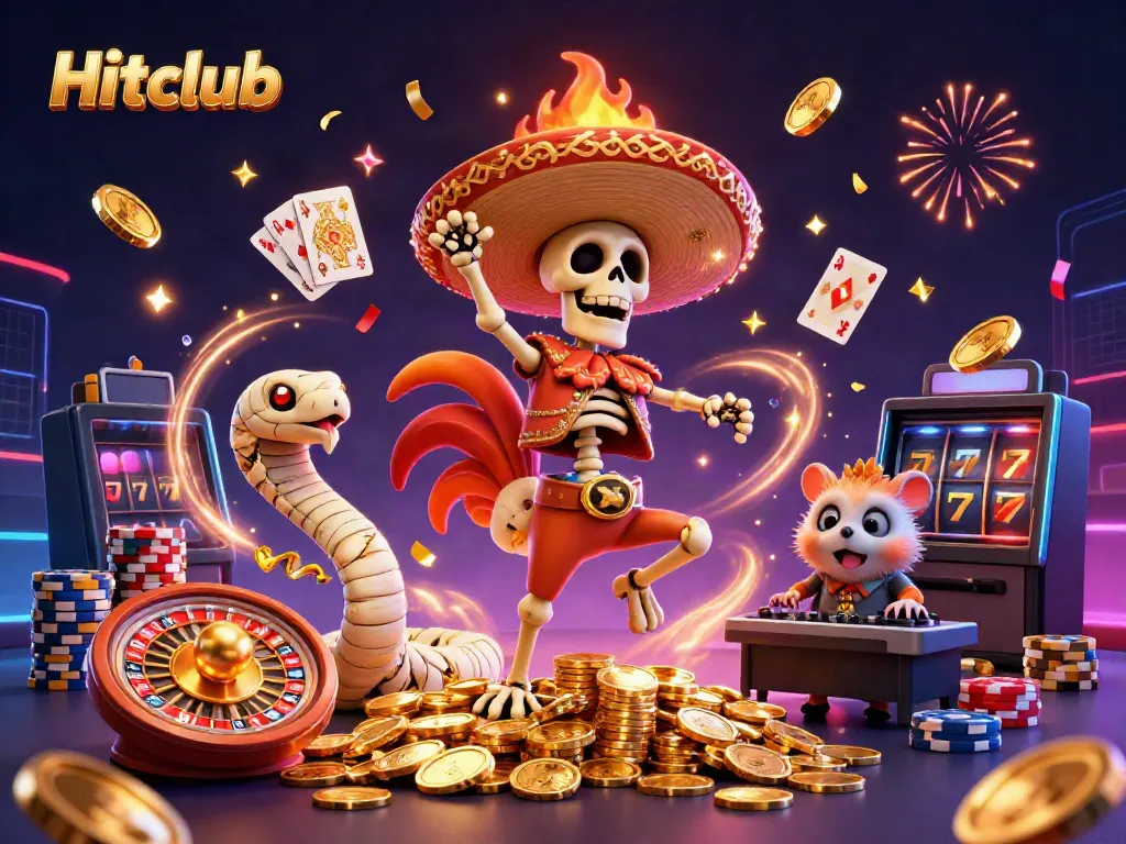 Engage with Hitclub through an exciting scene of a mariachi rooster amidst casino elements.