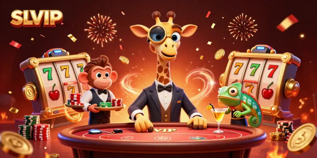 Engage with SLVIP through a vibrant gaming scene featuring a high-roller giraffe, monkey valet, and chameleon bartender.