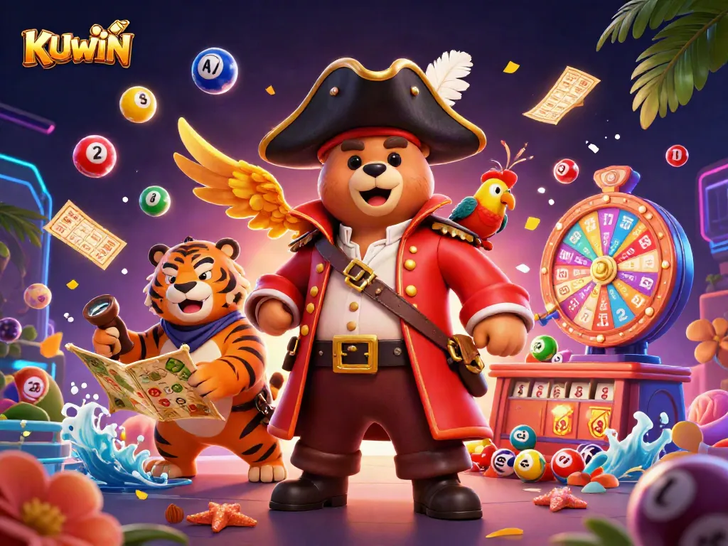 KUWIN showcases exciting gambling action with a vibrant pirate theme, colorful lottery balls, and treasure hunts.