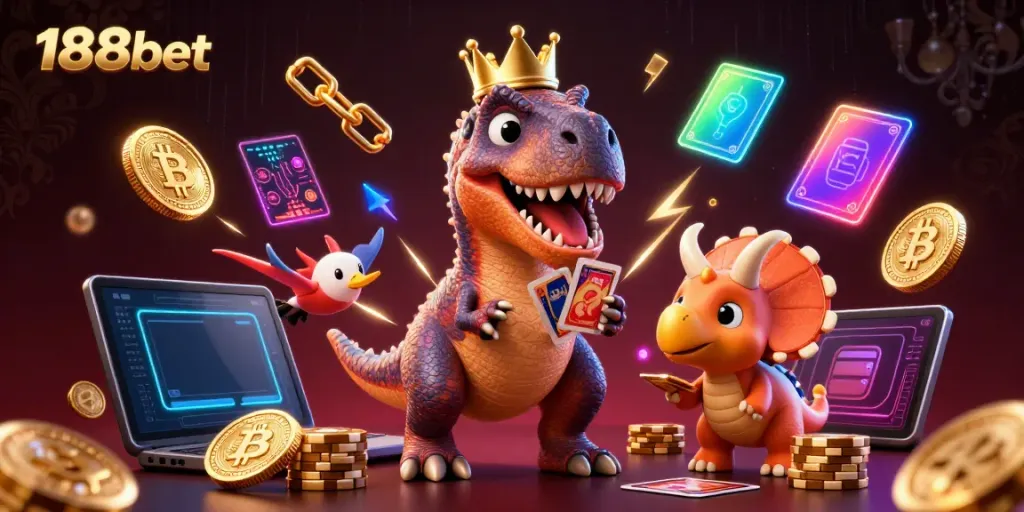 Engaging illustration of 188bet's T-Rex dealing cards while a pterodactyl assists in a vibrant casino setting.