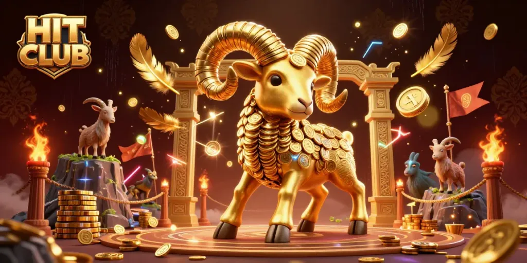 Engage with HIT CLUB in this vibrant 3D scene featuring a golden ram charging at a casino gate.