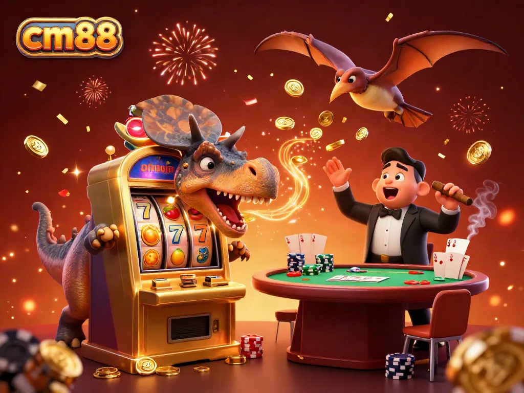 Experience excitement at cm88 as a cartoon dinosaur celebrates winning a jackpot at a golden slot machine amidst confetti and poker chips.