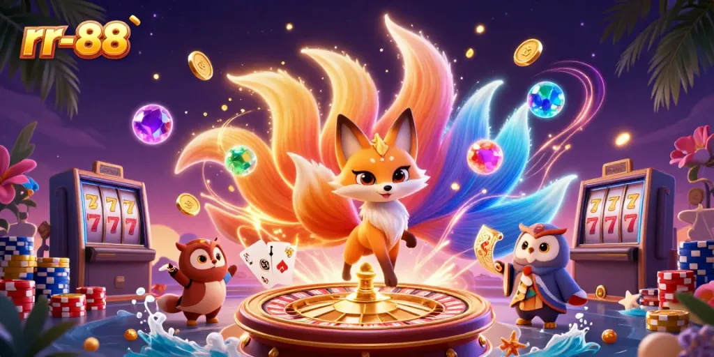 Experience thrilling gameplay at rr-88 with vibrant characters, glowing coins, and a 3D roulette wheel.