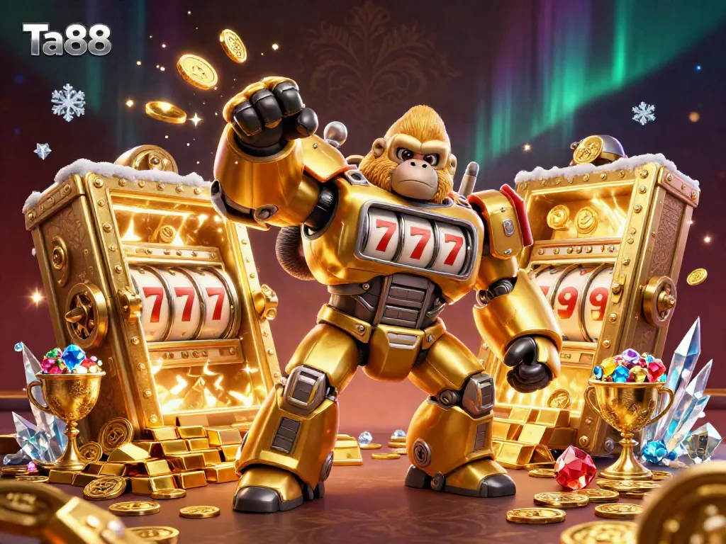 Experience thrilling gaming action with Ta88's cartoon golden gorilla mech amidst treasures and jackpots.
