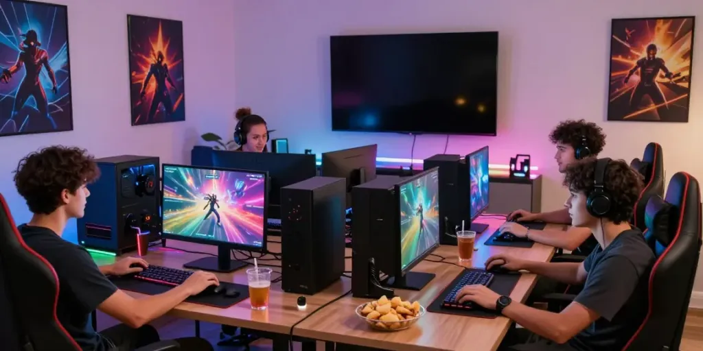 Friends enjoying F168 gaming session at a modern setup.