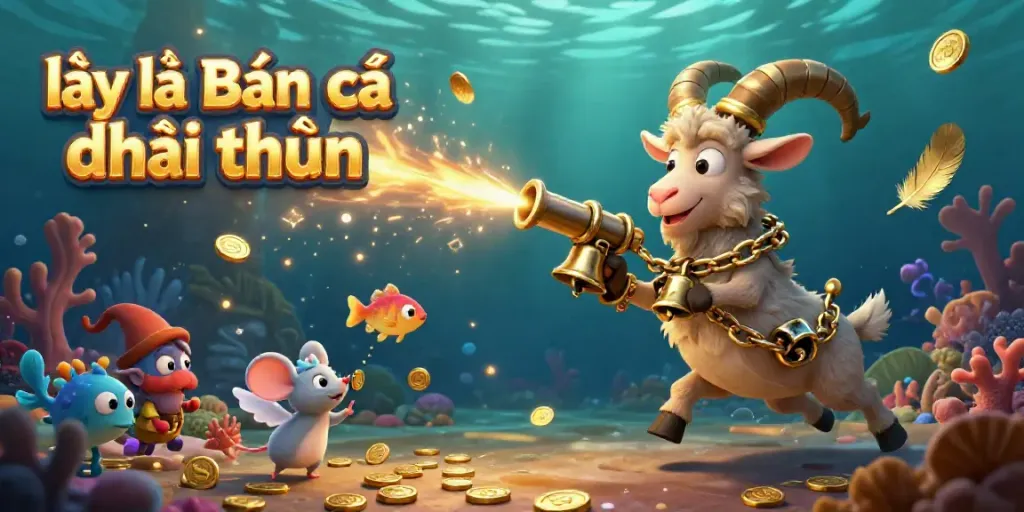 A 3D illustration of a fish shooting game called lại là Bắn cá đổi thưởng, featuring a Krampus goat and playful characters, creating an engaging underwater scene.