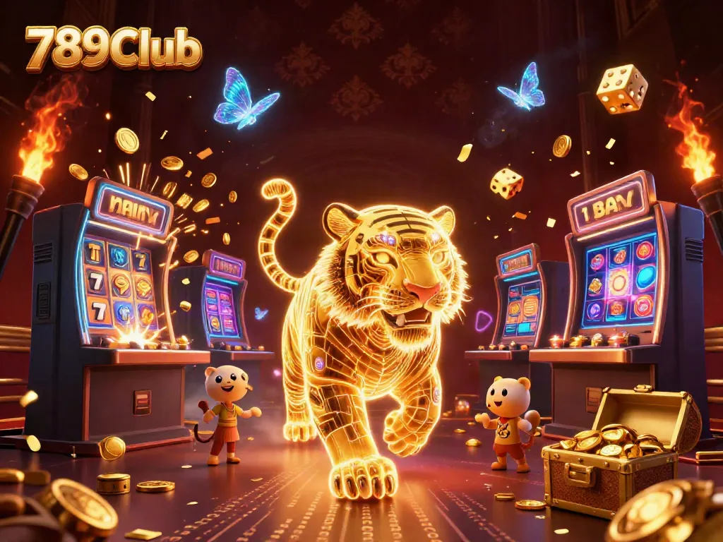 Experience the vibrant world of 789Club with a cosmic tiger and dynamic casino elements bursting with excitement.