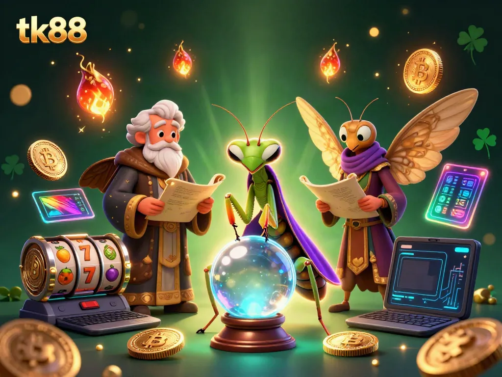 Engage in the thrill of tk88 with a mystical fortune teller and ancient librarian in a vibrant casino scene.