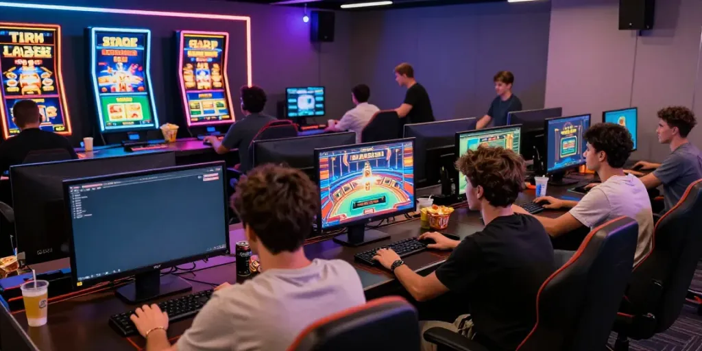 C168 players enjoying online gaming and casino experiences in a lively lounge atmosphere.