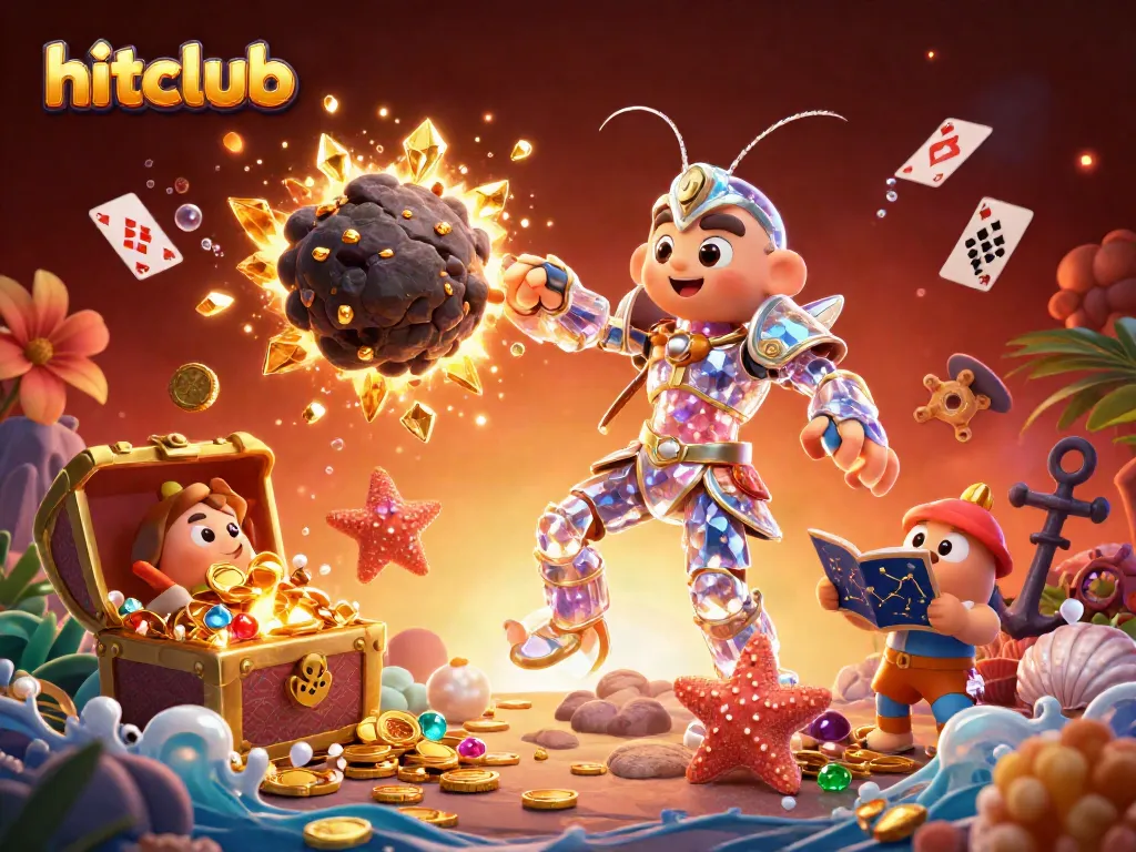 Engage with hitclub's vibrant casino atmosphere with a galactic samurai shrimp amidst exploding treasure and gaming elements.