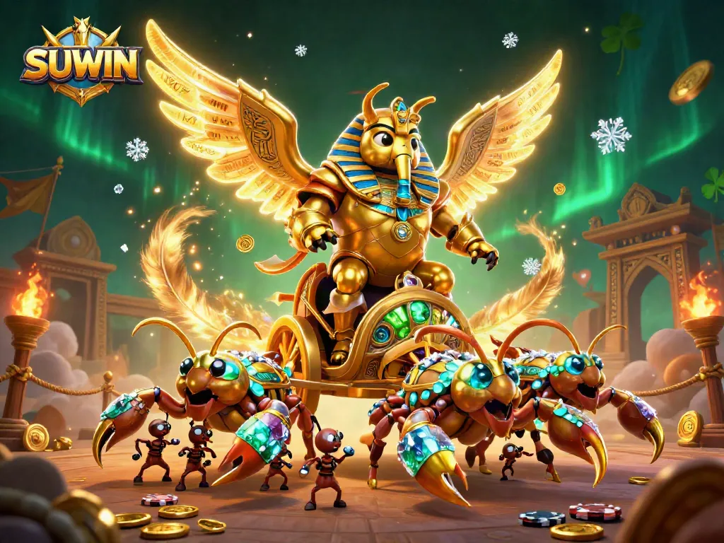 Suwin gaming scene featuring a golden scarab beetle, lively casino elements, and dynamic energy from coins and game pieces.