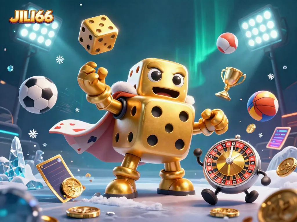 Experience the excitement of JILI66 with a dynamic golden dice character and sports elements