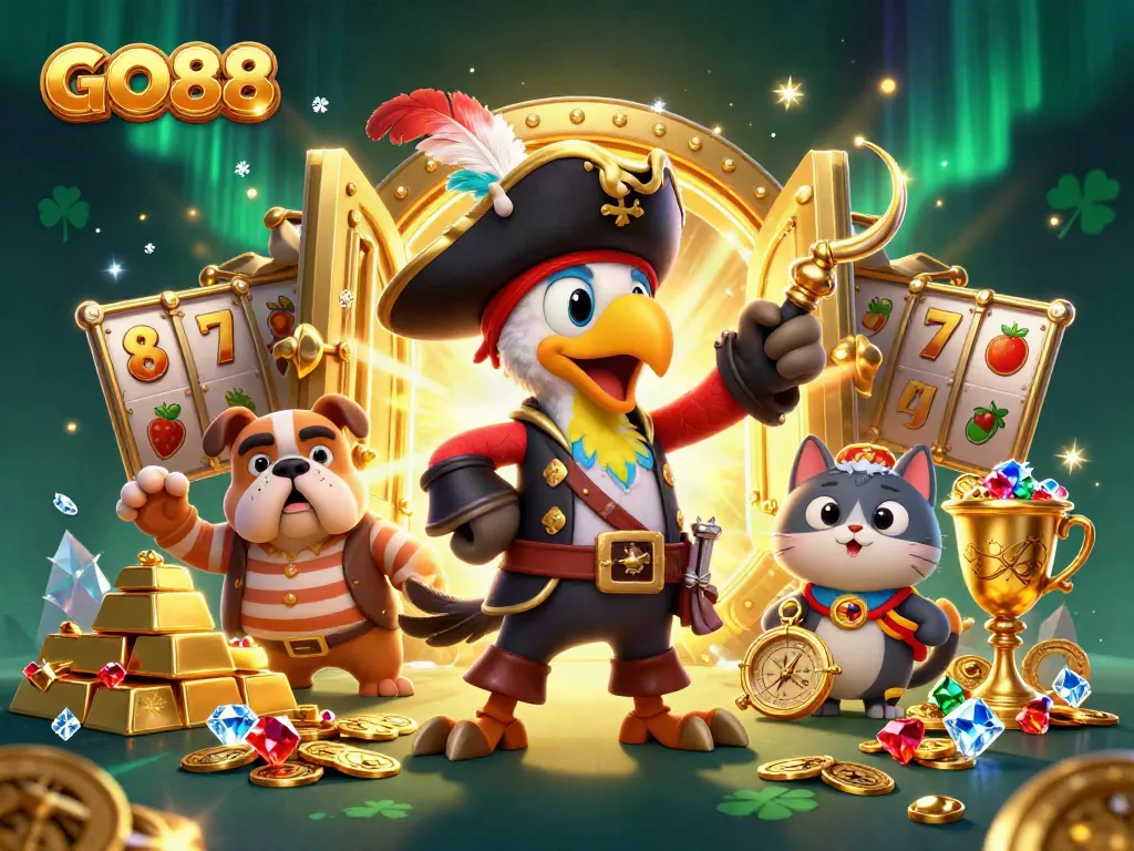 GO88 pirate-themed slots illustration showcasing vibrant casino elements and dynamic characters.