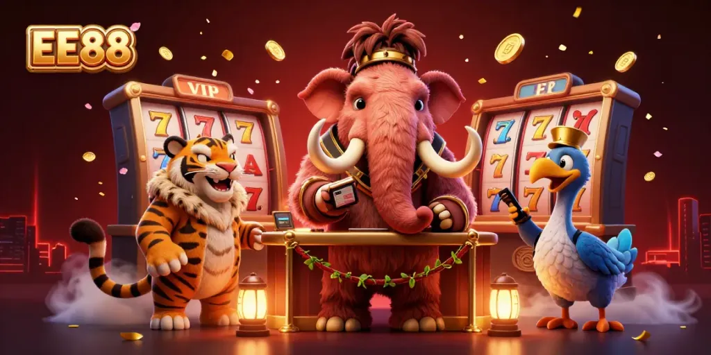 EE88 showcases vibrant slot reels spinning with golden coins and cherry blossom petals for an exciting gaming atmosphere.