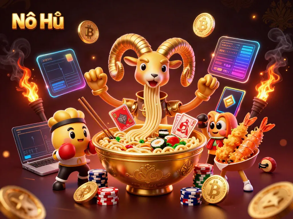 Nổ Hũ promotes dynamic gaming with a giant ramen bowl character in a vibrant casino scene.
