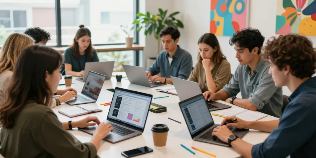 Find freelancers online in a lively co-working space with diverse professionals collaborating.