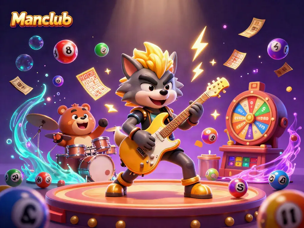 Manclub's vibrant scene showcasing a rock star wolf and drummer bear with casino elements like lottery balls and prize wheels.