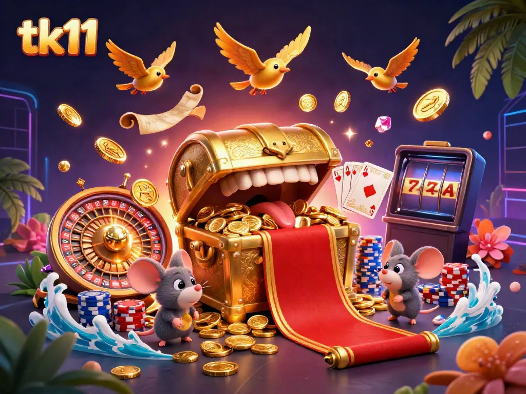 Experience thrilling wins with the tk11 golden treasure chest and casino elements in a vibrant scene