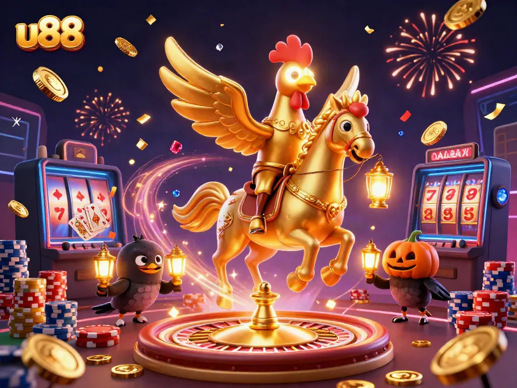 Experience thrilling wins at u88 with golden rooster and glowing lanterns in a magical casino