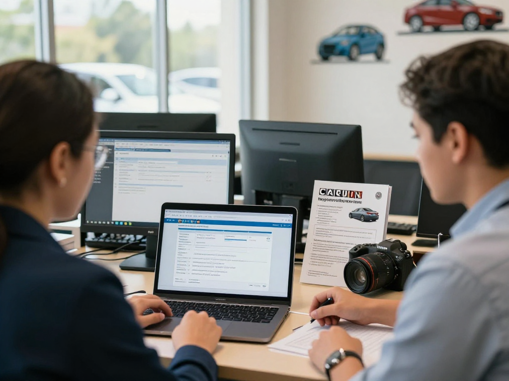 Customer using carfax vin finder at vehicle registration office with staff assistance.