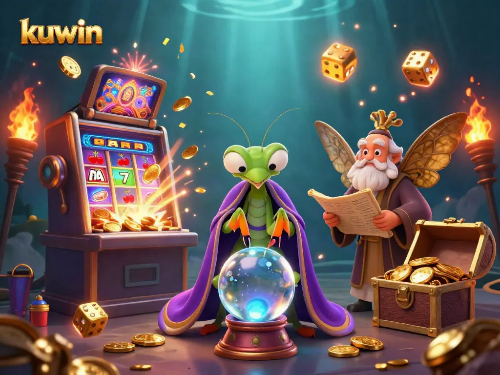 Experience kuwin's vibrant casino world with a fortune teller and moth librarian amidst gaming excitement.