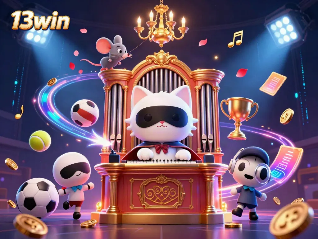 Experience excitement at 13win with a spectacular casino scene featuring a whimsical cat and dynamic sports elements.