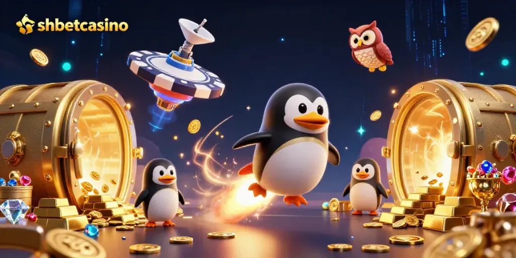 Experience the thrill of shbetcasino as the golden penguin navigates a vibrant casino universe.