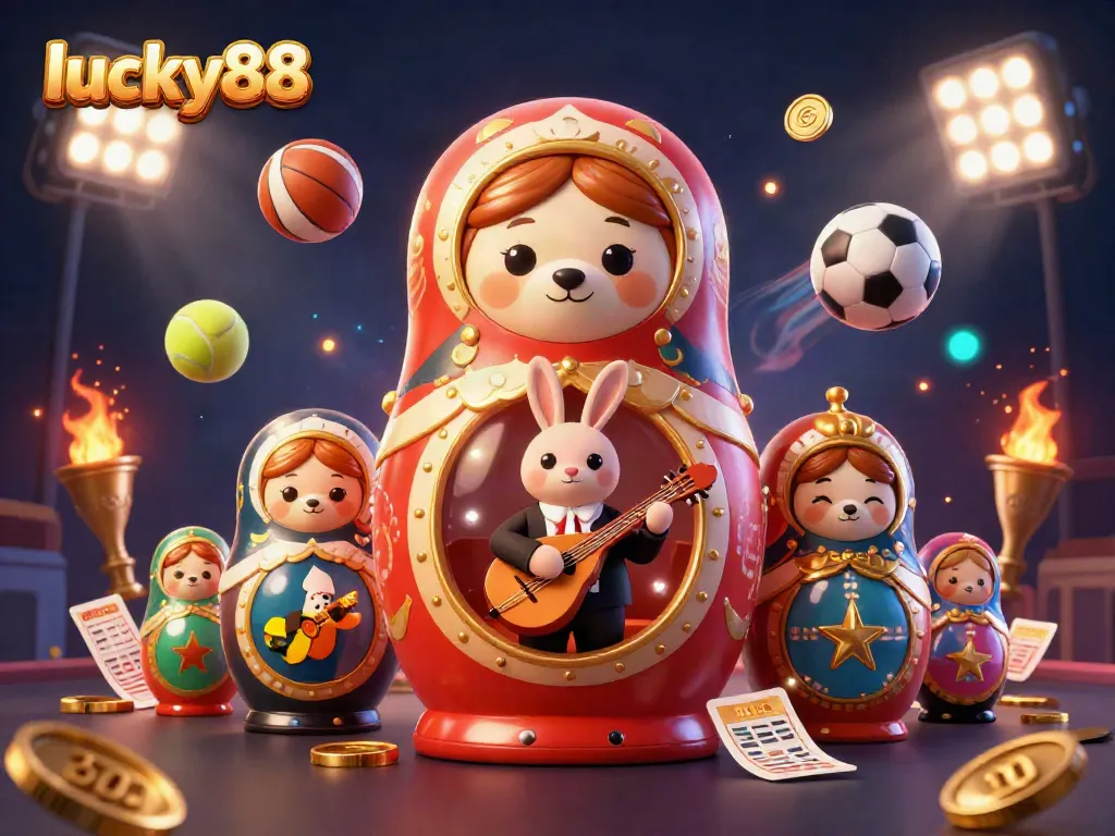 Experience thrilling action with lucky88 in this vibrant 3D casino illustration packed with sports and gaming elements.