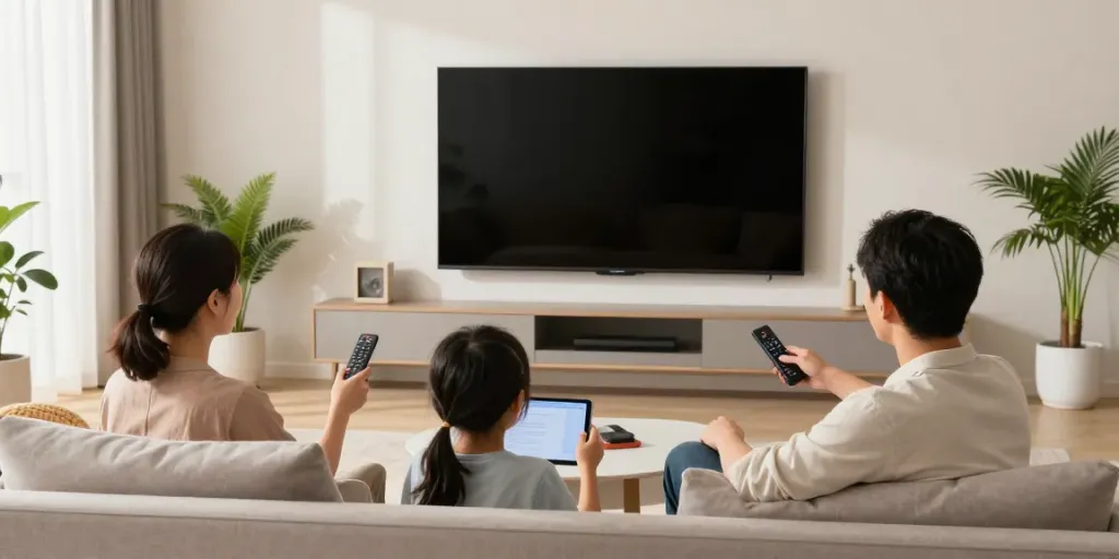 Family enjoying IPTV entertainment in a modern living room with a large TV and tablets.