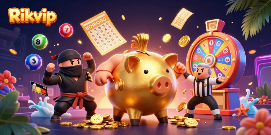 Experience exciting gaming at Rikvip with vibrant characters, money, and dynamic play elements.