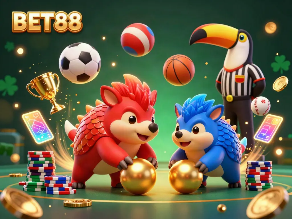 BET88 pangolins compete in a vibrant casino scene filled with sports elements and golden coins.