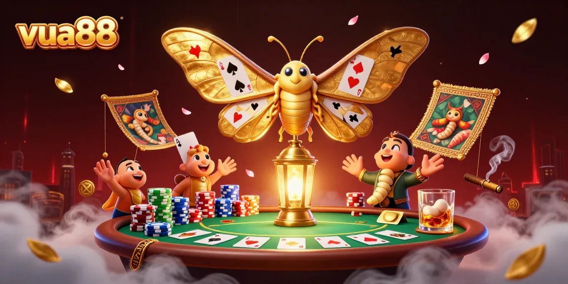 A 3D atlas moth showcasing card suits illuminates the dynamic casino scene at vua88, surrounded by poker tables and vibrant game elements.
