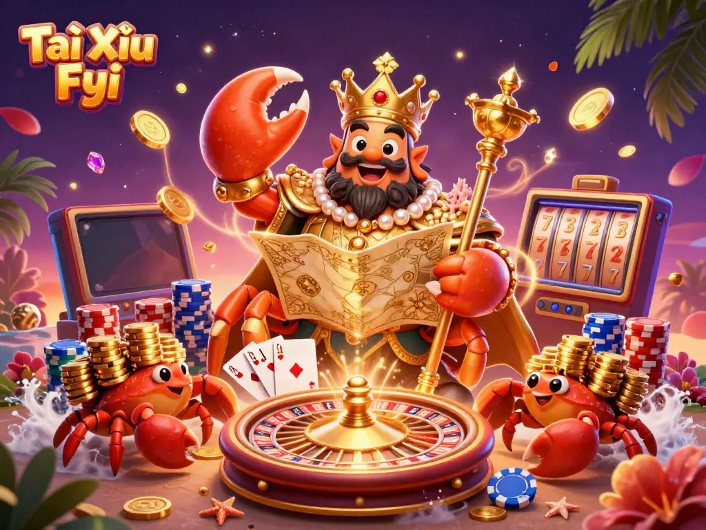 Experience exciting gameplay with Tài Xỉu Fyi featuring a golden crab emperor and vibrant casino elements.