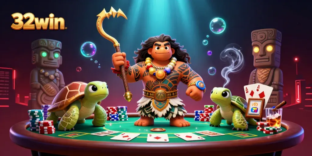 Win big with 32win at this exciting poker table surrounded by vibrant characters!