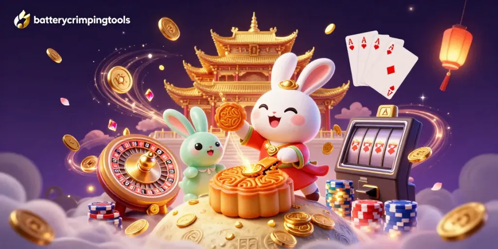 Engaging scene with batterycrimpingtools as a lively moon rabbit character creating golden mooncakes revealing poker chips amidst a dynamic casino setting.