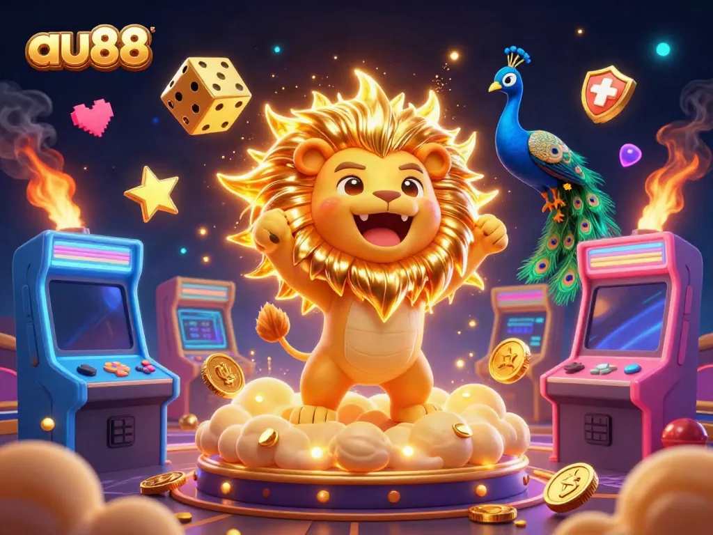 Experience the excitement of au88 with a roaring sun lion, golden dice, and vibrant game elements.