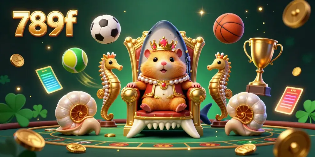 Engage with 789f's vibrant casino experience featuring the hamster king on megalodon throne amidst dynamic sports elements.