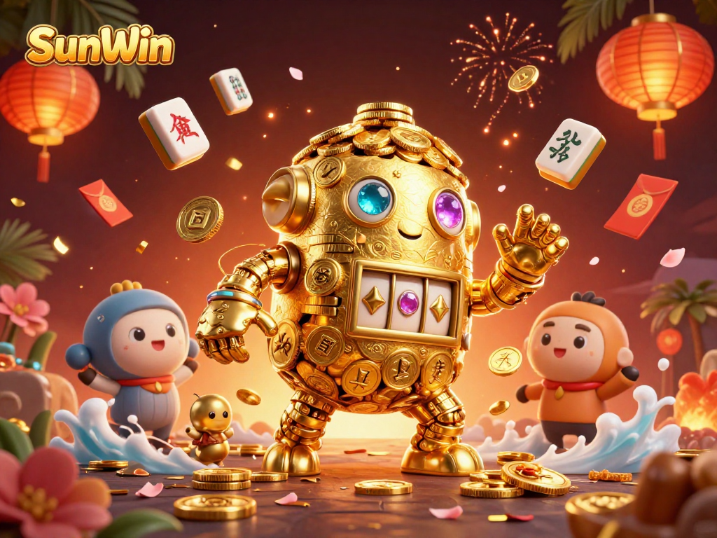 Play and win big with SunWin’s vibrant 3D illustration featuring a golden golem and lucky symbols.