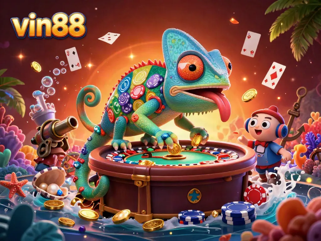 Experience the excitement of vin88 with a vibrant casino-themed underwater scene featuring dynamic characters and treasures.