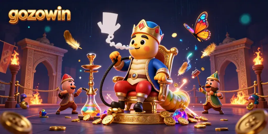Engage with the magical world of gozowin, featuring a vibrant 3D scene of poker elements and a Turkish caterpillar sultan.